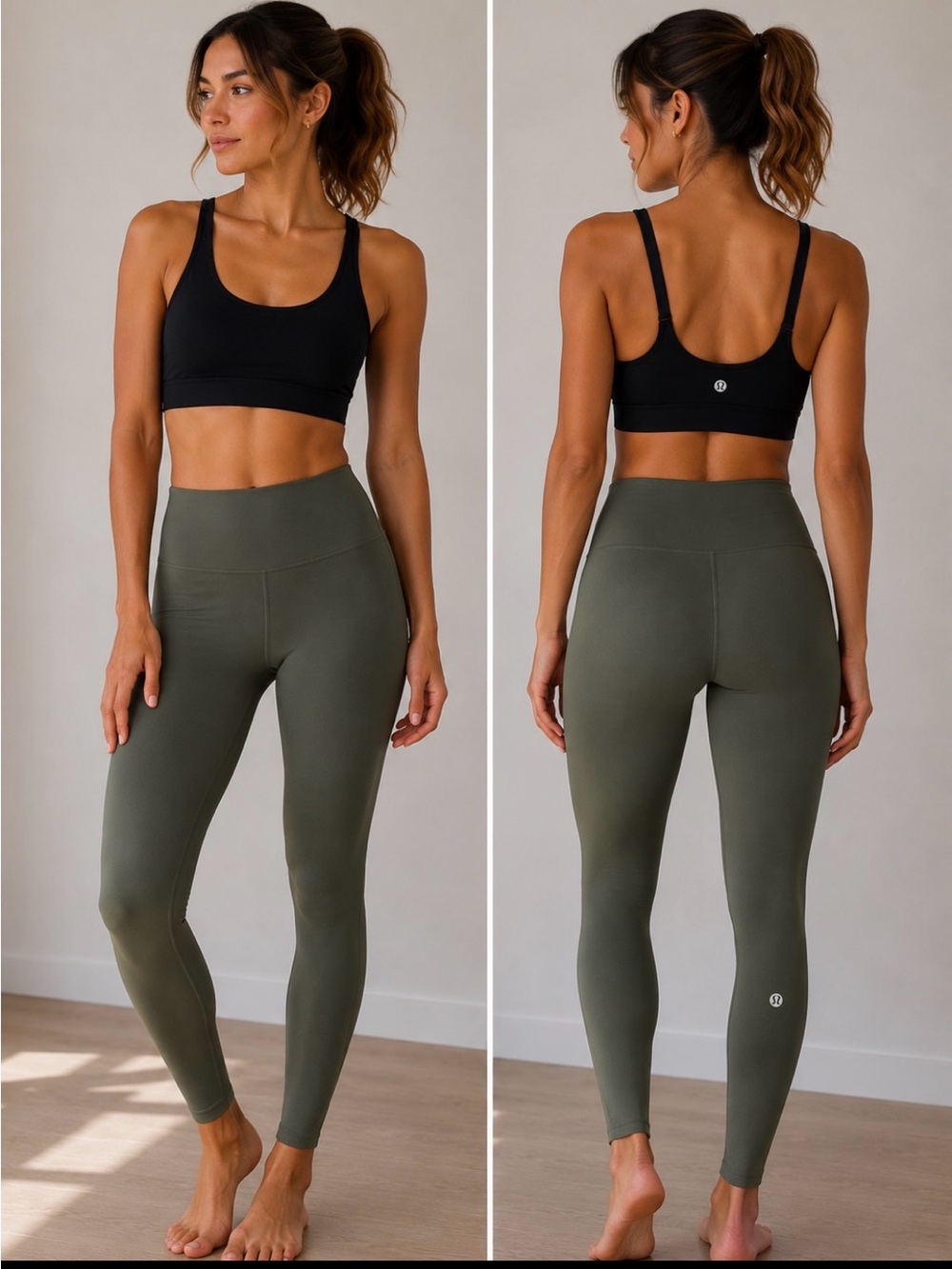lululemon athletica Black Sports Bra and Olive Green High-Rise Leggings